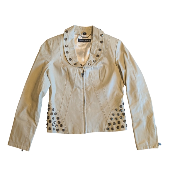 Pamela McCoy Genuine Leather Jacket | XS | Cream Studded Collar Detail - Picture 1 of 10